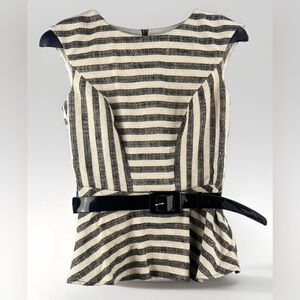 Ecetera Women's Belted Top Sz 4 Linen Cotton Blend Striped Minimalist Old Money